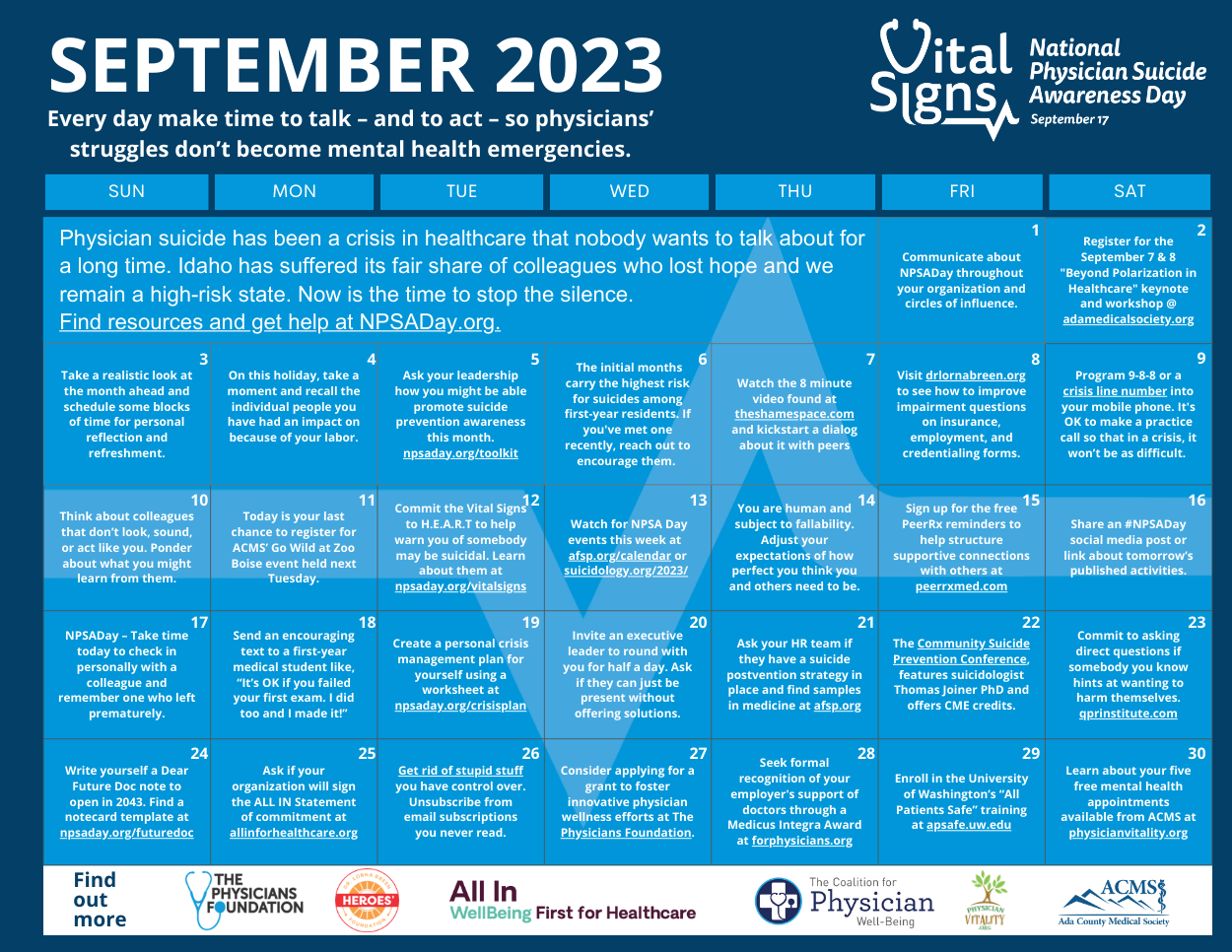 2023 National Physician Suicide Awareness Day Calendar